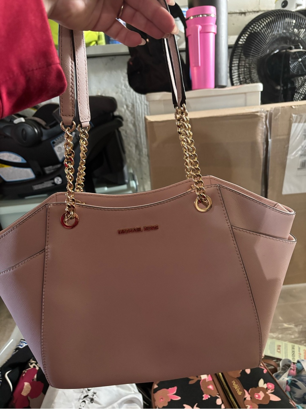 Michael Kors Blush Pink Leather Tote with Gold Chain Handles